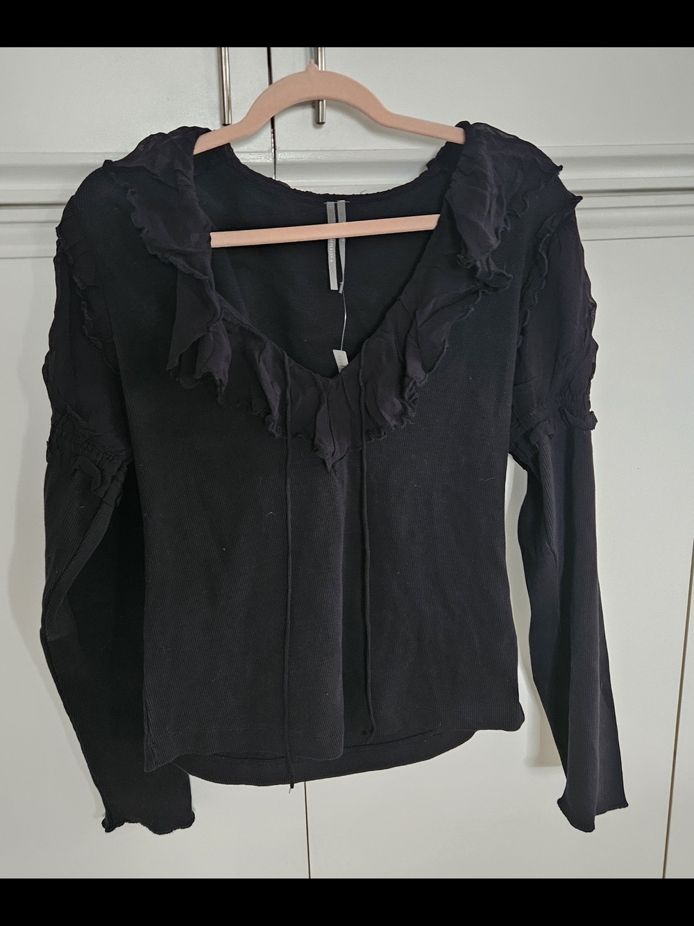 Anthropologie Black Ruffle-Trim Long Sleeve Tie-Neck Top